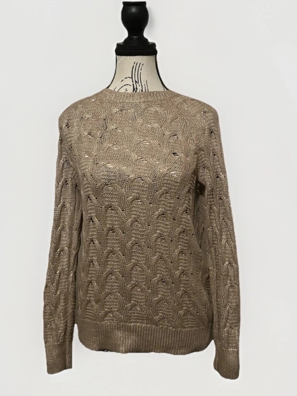 Halogen Women’s Medium Gold Metallic Cable Knit Sweater Open Weave Pullover